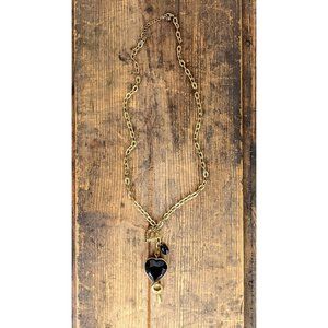 Gold chain chunky black heart and key pendant necklace